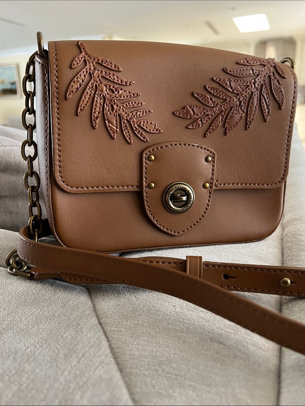 Ralph Lauren Tan Brown Leather Crossbody with Leaf Appliqué